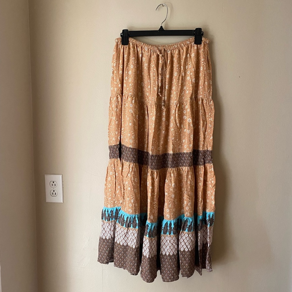 White Stag Tiered Maxi Skirt in Mustard, Brown & Aqua medium